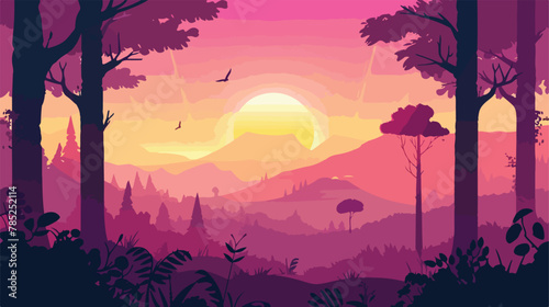 Sun forest scene. Cartoon sunrise landscape with tree #785252114