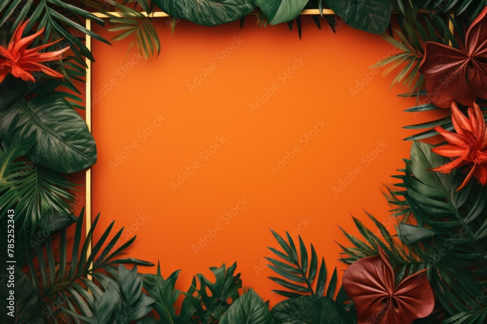 Orange frame background, tropical leaves and plants around the orange rectangle in the middle of the photo with space for text