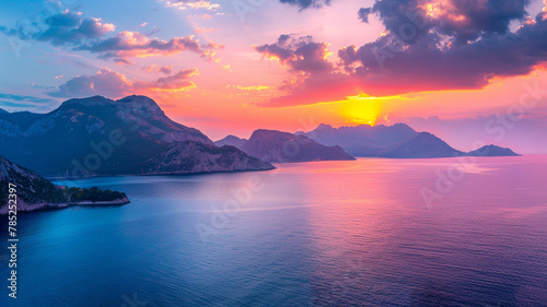 panoramic view of a beautiful colorful sunset over the sea with mountains. © Yuwarin