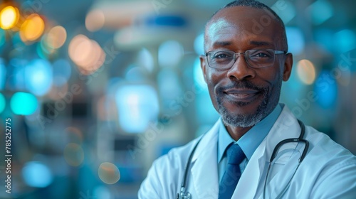 Confident African American surgeon posing in a medical facility with advanced technology