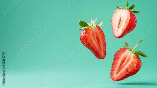 Halved strawberry on a clean background with copy space