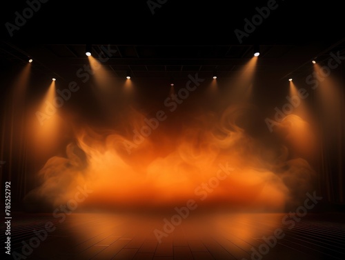 Orange stage background  orange spotlight light effects  dark atmosphere  smoke and mist  simple stage background  stage lighting  spotlights