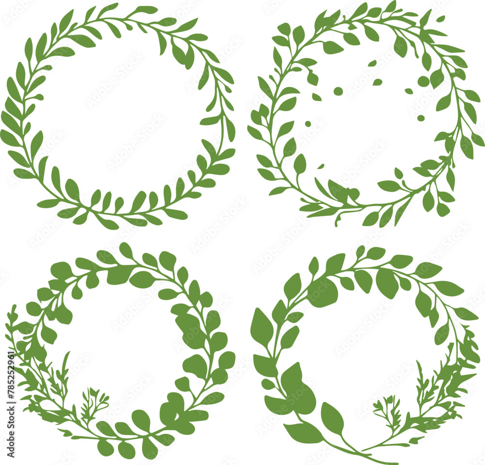 Set of different black and white silhouette round laurel foliate and wheat wreaths depicting an award, achievement, heraldry, nobility, emblem, logo. Set of different black and white silhouette round laurel foliate and wheat wreaths depicting an award, achievement, heraldry, nobility, emblem, logo.