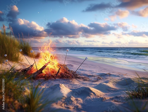 A fire is burning on a beach, with marshmallows nearby. The scene is peaceful and relaxing, with the sound of the waves in the background