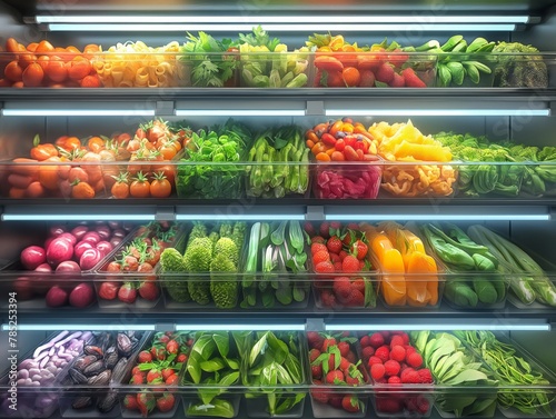 A refrigerator full of fresh fruits and vegetables. The produce is arranged in a way that makes it easy to see and access. The bright colors of the fruits and vegetables create a cheerful