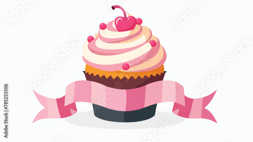 Sweet cupcake pastry with ribbon Flat vector isolated