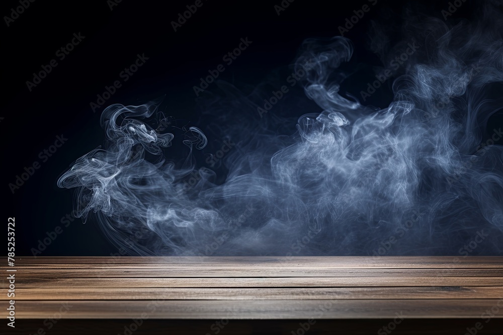 navy blue background with a wooden table and smoke. Space for product presentation, studio shot, photorealistic - obrazy, fototapety, plakaty 