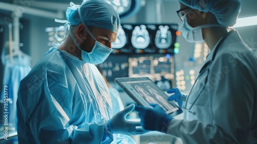 Surgeon discussing medical procedure details with colleague in high-tech operating room