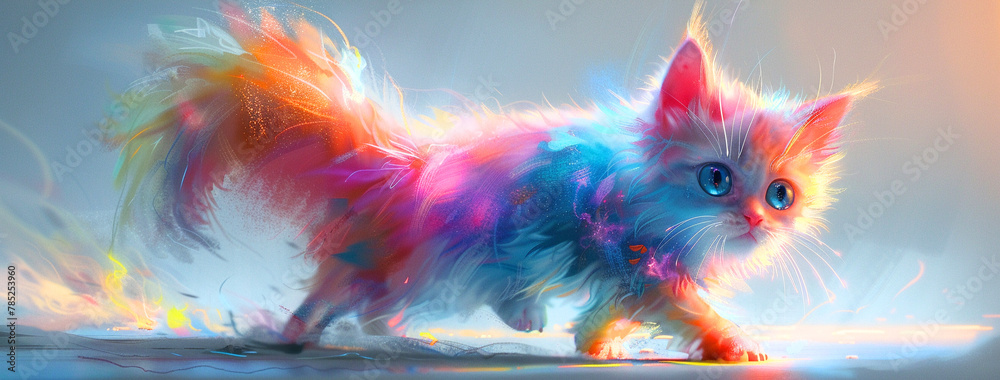 Cat kitten neon fur and digital eyes creating a spectacle of color and light cyberpunk style
