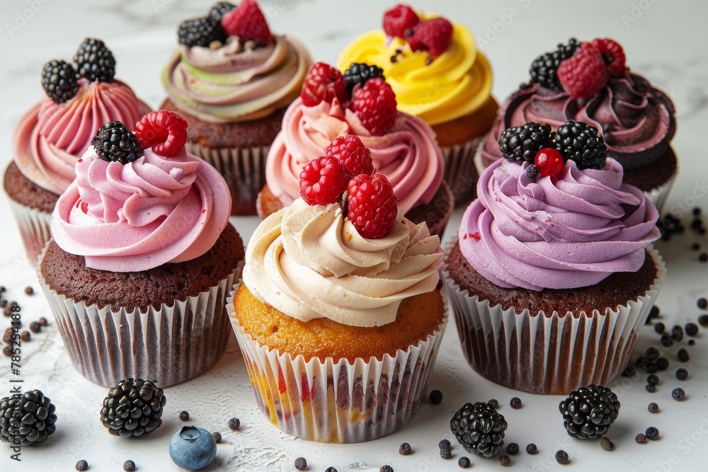 Assorted vegan cupcakes with colorful frosting and fresh berries on a bright background