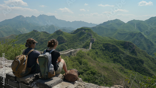 Female travellers enjoy the beauty of the majestic Great Wall of China in summer.