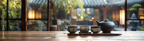 An elegant still life of a ceramic teapot and teacups on a wooden table against a blurred background of a traditional chinese courtyard