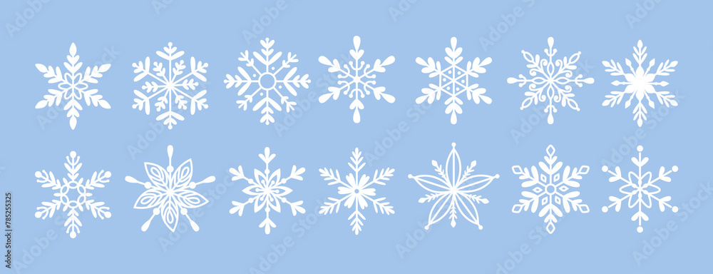 Set of white snowflakes icons on isolated blue background. Winter celebration concept. Vector illustration Set of white snowflakes icons on isolated blue background. Winter celebration concept. Vector illustration