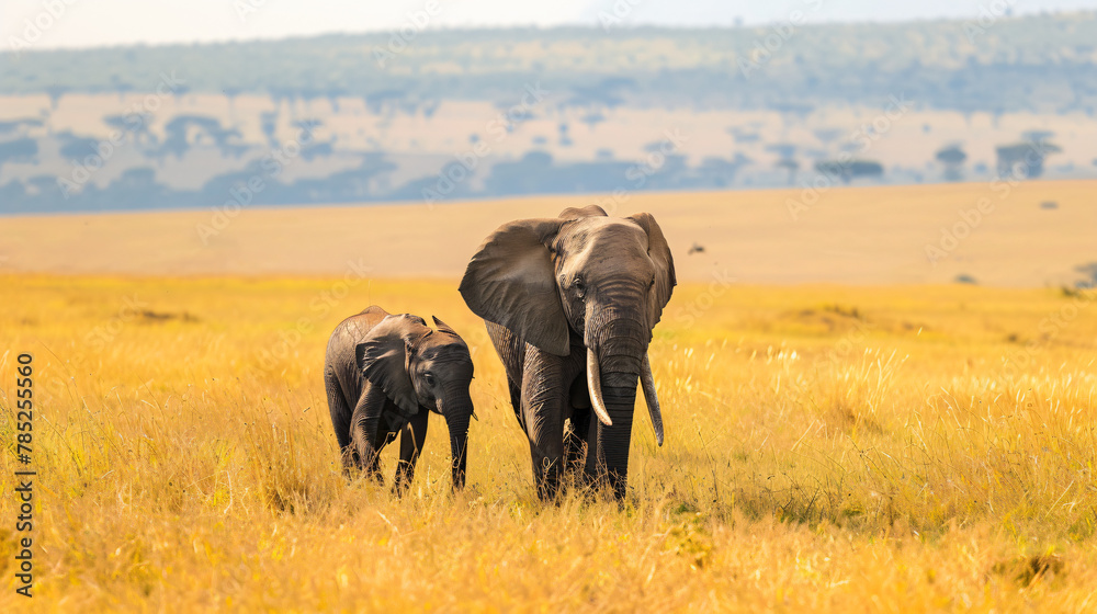 African elephant with calf walking behind on a grassy land