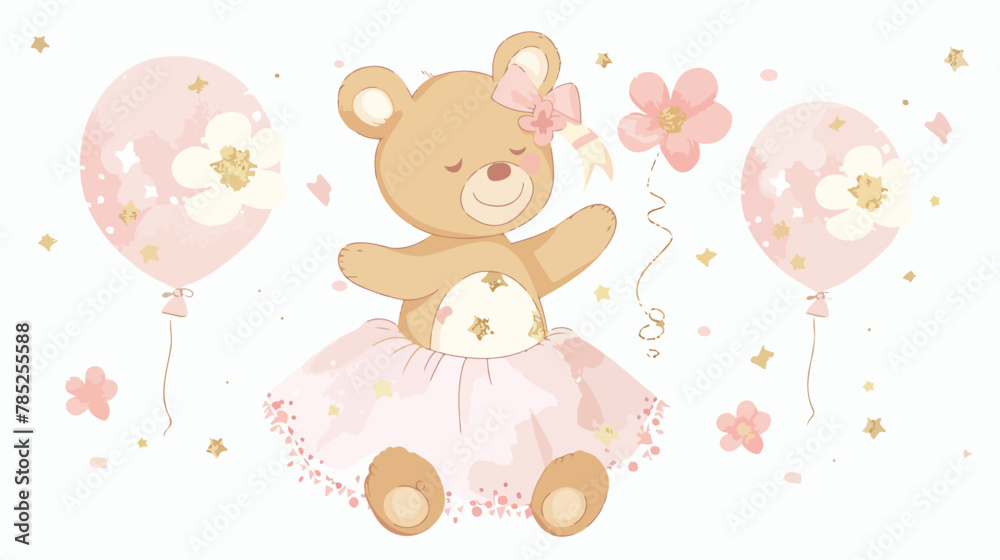 Teddy bear with balloon  flower. Cute baby bear girl.