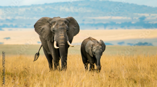 African elephant with calf walking behind on a grassy land