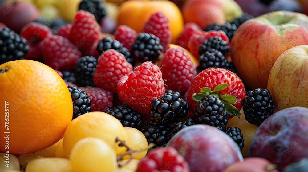 A vibrant assortment of fresh fruits with leaves on a dark background, highlighting a variety of textures and colors A vibrant assortment of fresh fruits with leaves on a dark background, highlighting a variety of textures and colors