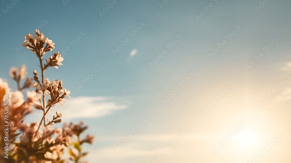 Blurry bokeh background with copy space on blue sky and blooming flowers