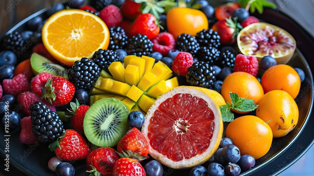 A vibrant assortment of fresh fruits with leaves on a dark background, highlighting a variety of textures and colors A vibrant assortment of fresh fruits with leaves on a dark background, highlighting a variety of textures and colors