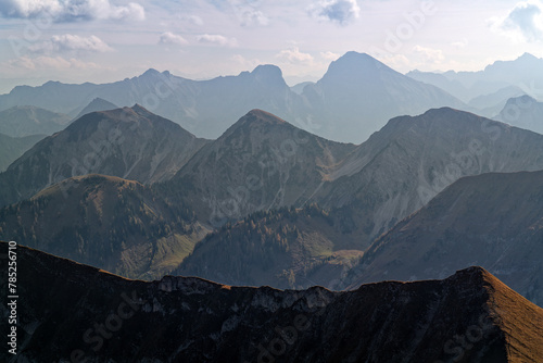 Viev over peaks of the Karwendel mountains, Alps, Tyrol, Austria, Europe photo