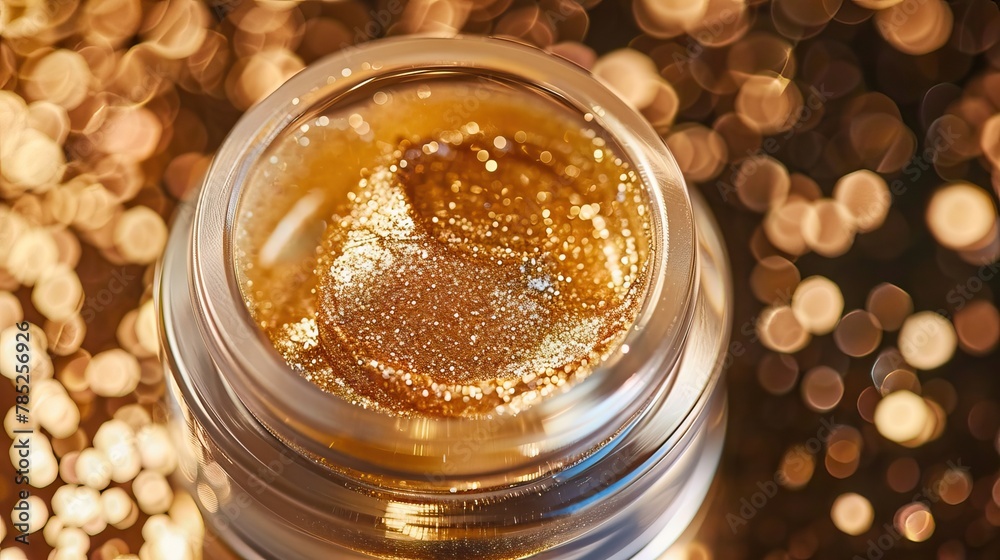 A luxurious golden cream with shimmering particles in a jar, perfect for cosmetic or festive themes A luxurious golden cream with shimmering particles in a jar, perfect for cosmetic or festive themes