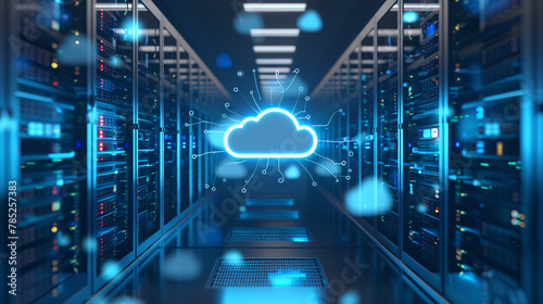Server room with cloud on ceiling modern technology data center concept photo