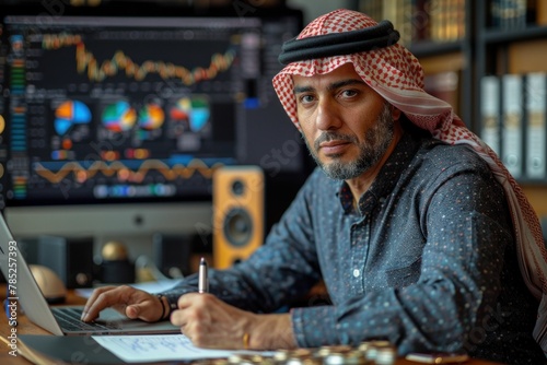 Arab businessman analyzing stock market graphs on laptop and monitor in office setting