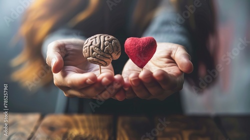 Conceptual image of hands holding a red heart and a brain, representing the balance between emotions and logic