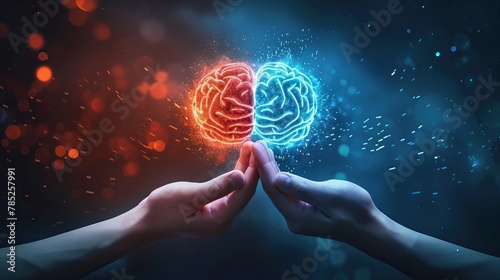 Conceptual image of hands holding a red heart and a brain, representing the balance between emotions and logic photo