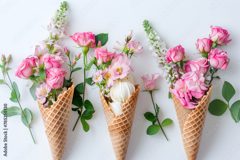Beautiful waffle cone ice cream with pink flowers