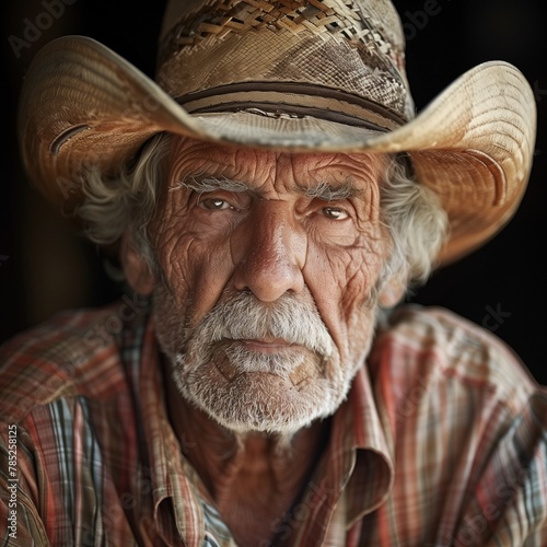 Portrait of an elderly woman wearing a black hat, with close-up details of her face, wrinkles, smile, and expressive eyes