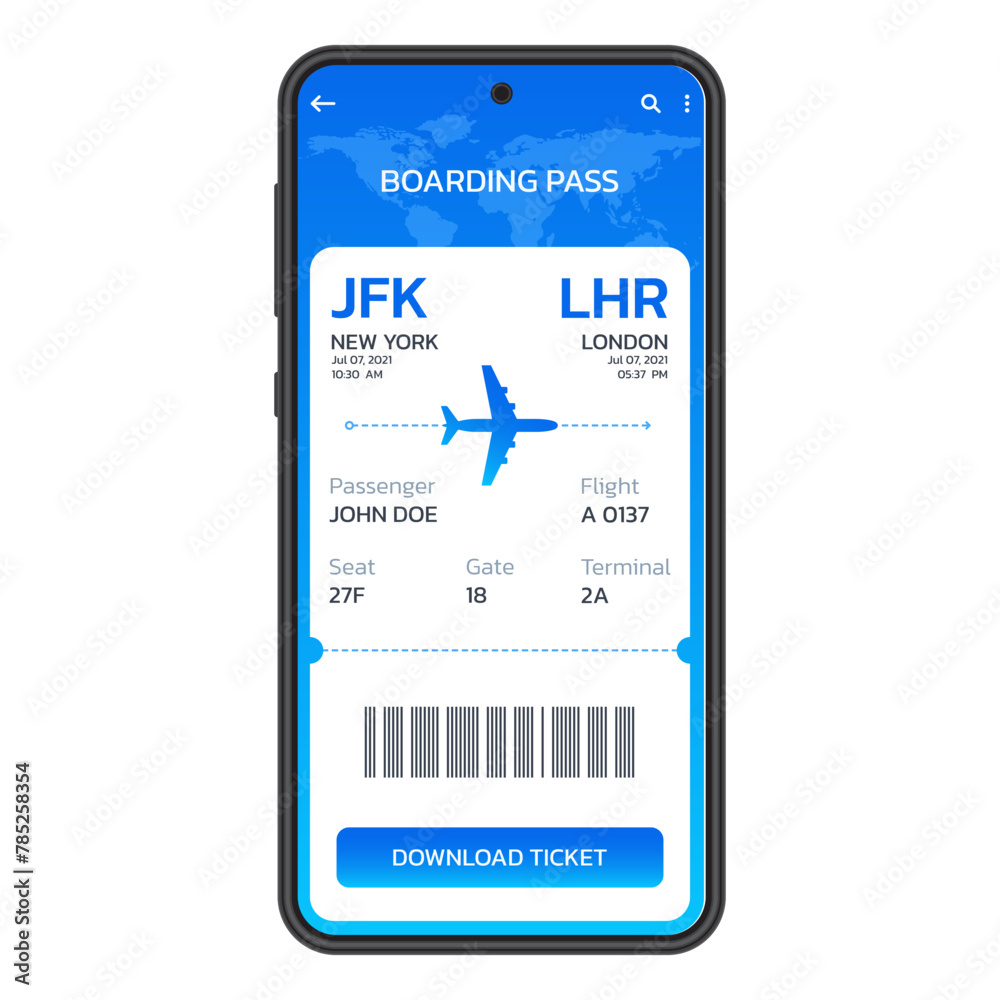 Mobile boarding pass. Digital or electronic plane ticket. Airplane ticket in the phone. Online booking by smartphone concept. Vector illusttation. - obrazy, fototapety, plakaty 
