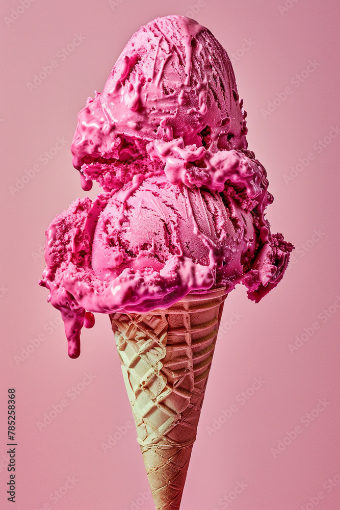 Soft serve pink strawberry ice cream in waffle cone isolated on a pink background.