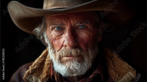 Older cowboy with black hat, wrinkles, smiling, in black outfit, with a mustache, aged, wise-looking, showing fashion sense