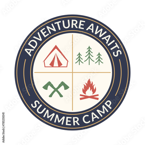 Summer camp badge or logo. Outdoor camping emblem with tent, forest and campfire. Scout, travel, adventure concept. Vector illustration.