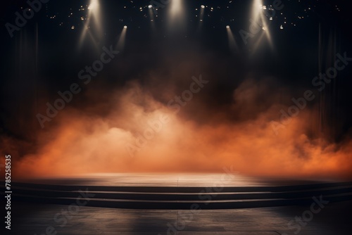 Peach stage background, peach spotlight light effects, dark atmosphere, smoke and mist, simple stage background, stage lighting, spotlights