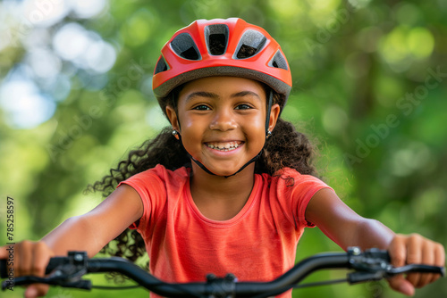 A happy African American little girl in red bicycle helmet and red wear riding a bike in summer park.