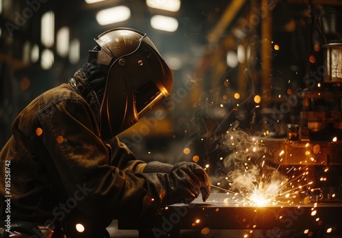 Focused Welder: Precision in Action Amidst Flying Sparks"