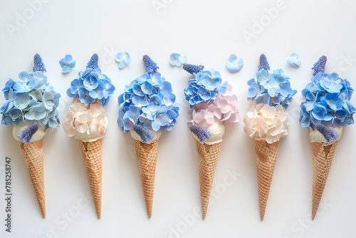 Beautiful waffle cones ice cream with blue flowers