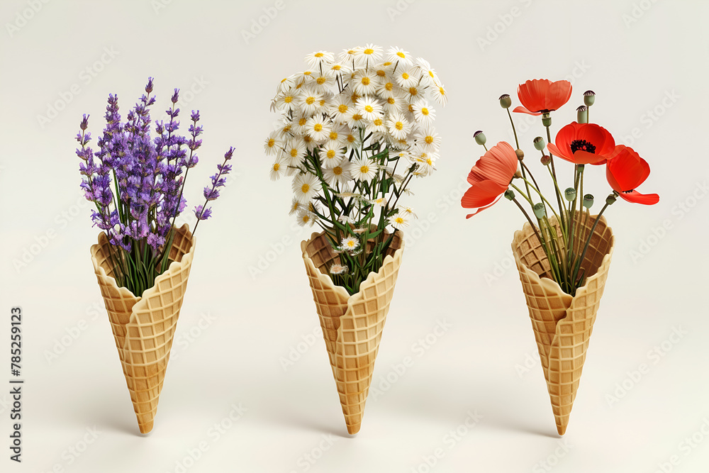 Three waffle cones ice cream flowers - lavender, poppy and chamomile