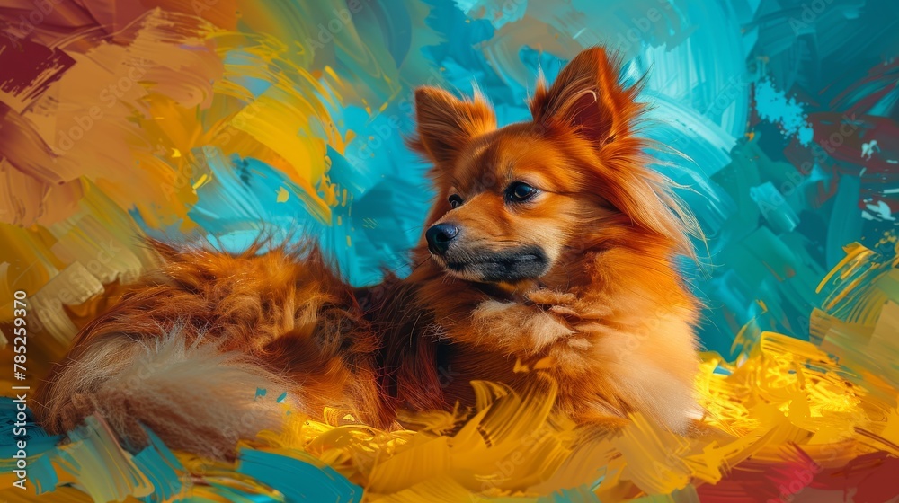 Naklejka premium A playful Pomeranian explores a world of Blue Atoll and Vibrant Yellow abstract patterns in a vibrant, dynamic composition adhering to the rule of thirds.