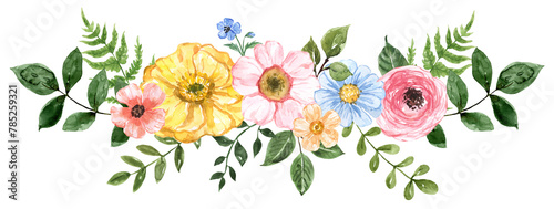 The watercolor floral arrangement features pretty hand-painted pink, yellow, blue flowers and green leaves. Wildflowers wreath for cards, invitations, greetings. PNG clipart.