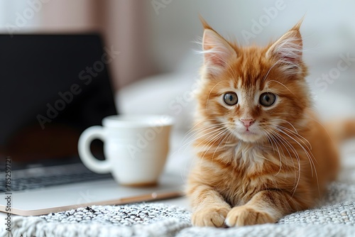 Small Kitten Sitting on Bed Next to Laptop