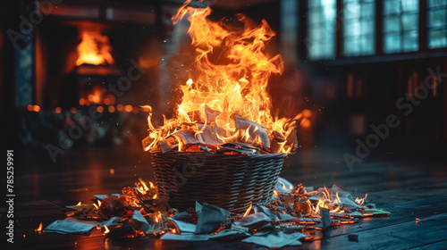Burning books in a basket in the library interior.