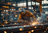 Focused Welder: Precision in Action Amidst Flying Sparks