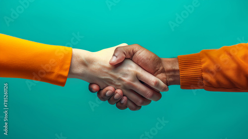 Two people shaking hands, one wearing an orange shirt. Concept of unity and cooperation between the two individuals. Build Real Relationships that Convert