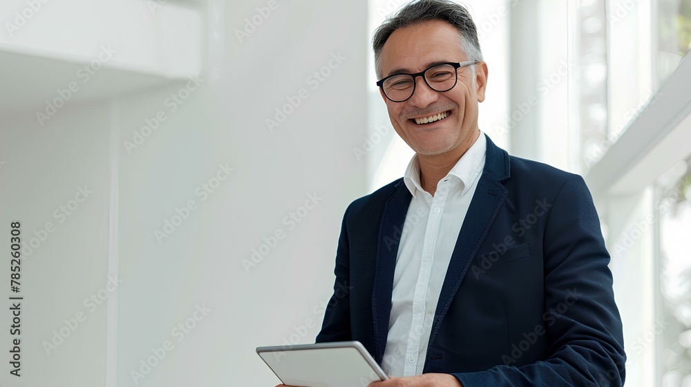 Portrait of happy middle aged business man in suit using digital tablet while standing over white background with copy space, smiling and looking away. generative AI Portrait of happy middle aged business man in suit using digital tablet while standing over white background with copy space, smiling and looking away. generative AI