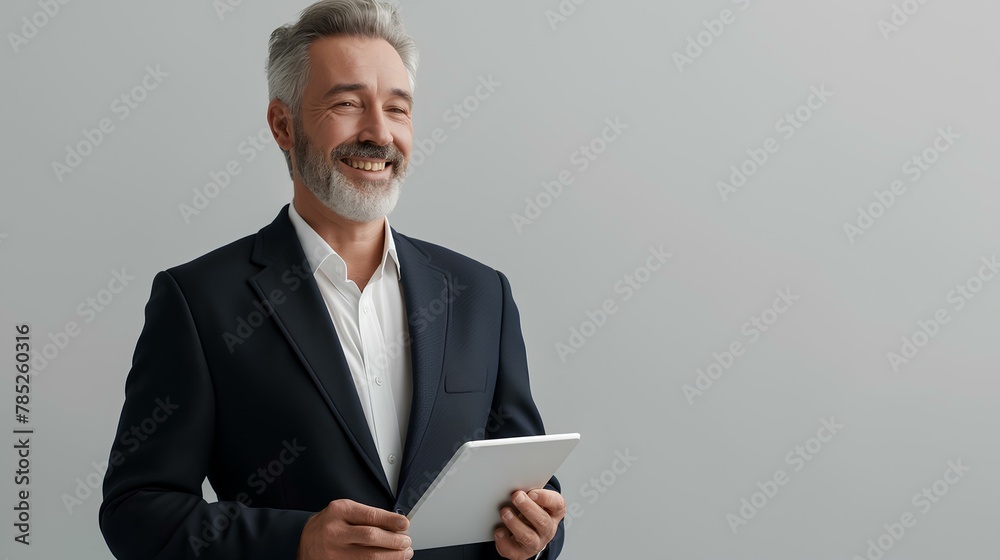 Portrait of happy middle aged business man in suit using digital tablet while standing over white background with copy space, smiling and looking away. generative AI Portrait of happy middle aged business man in suit using digital tablet while standing over white background with copy space, smiling and looking away. generative AI