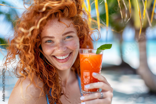 Cheerful young Irish woman with red curly hair holding an orange summer cocktail on a tropical beach. Happy beach vacation.