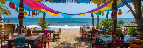 Colourful table decoration with an exotic beach. Summer picnic on a tropical beach